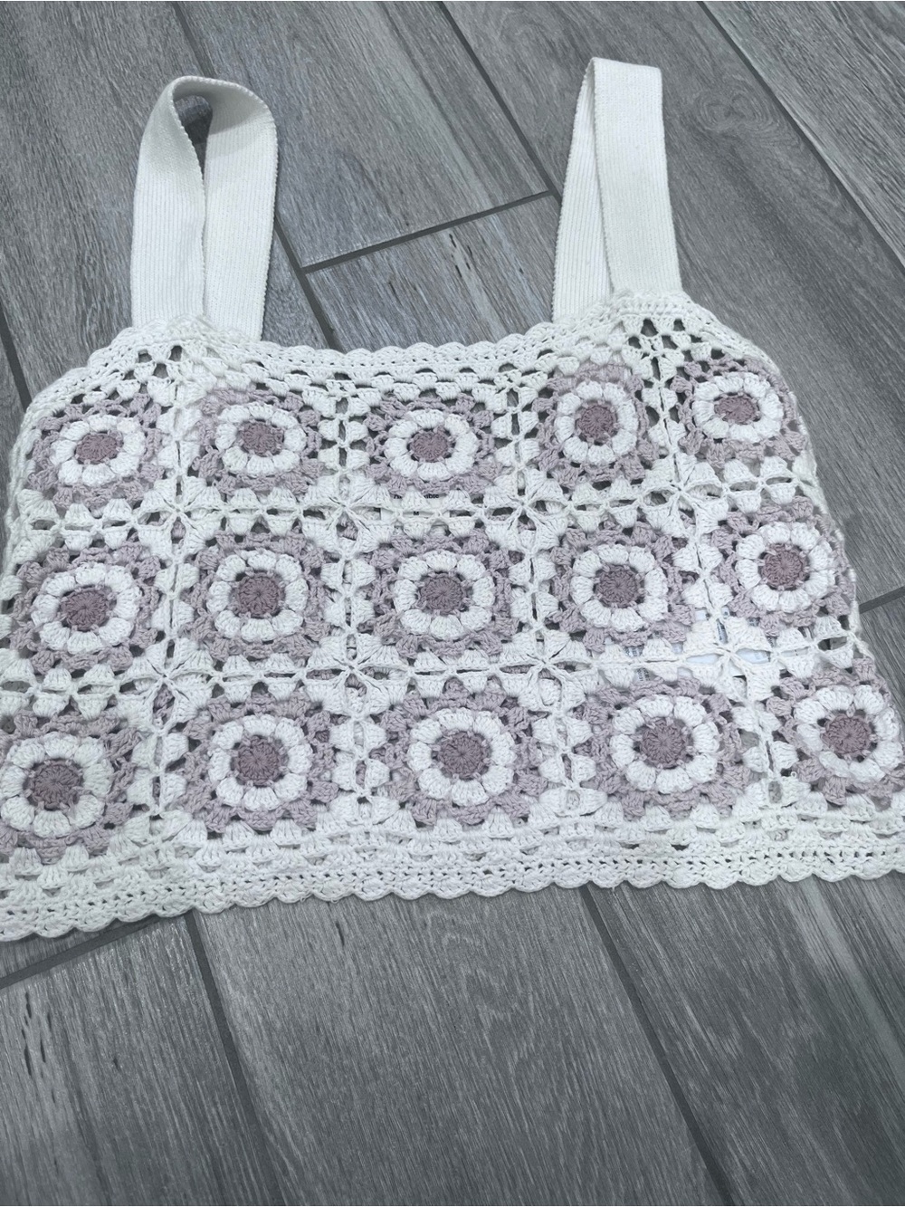 Crochet Floral Square Tank Top - White & Tan